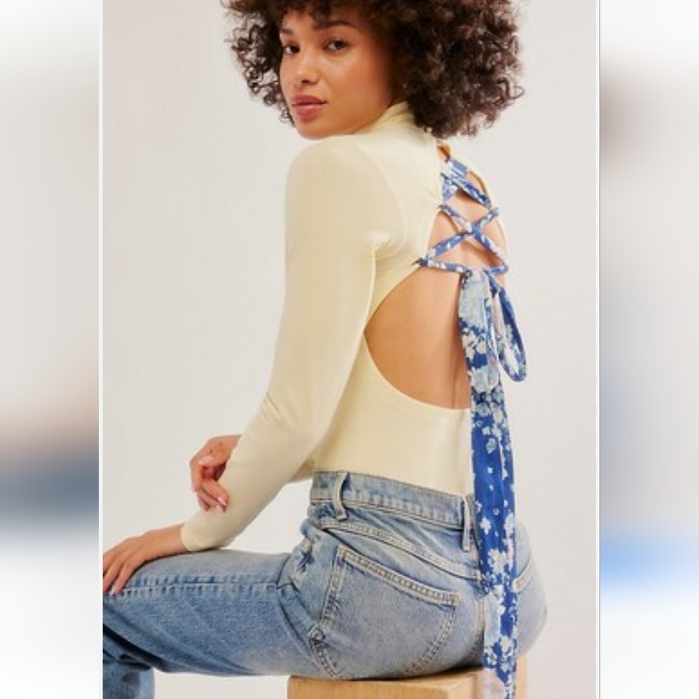 Free People Cream Long-Sleeve Lace-Back Bodysuit with Blue Floral Tie